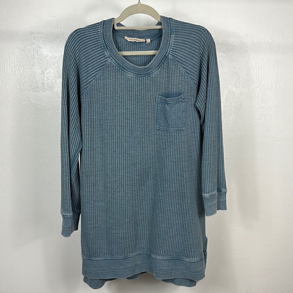 Soft Surroundings Blue Waffle Knit Hi-Low Hem Sweater Size L